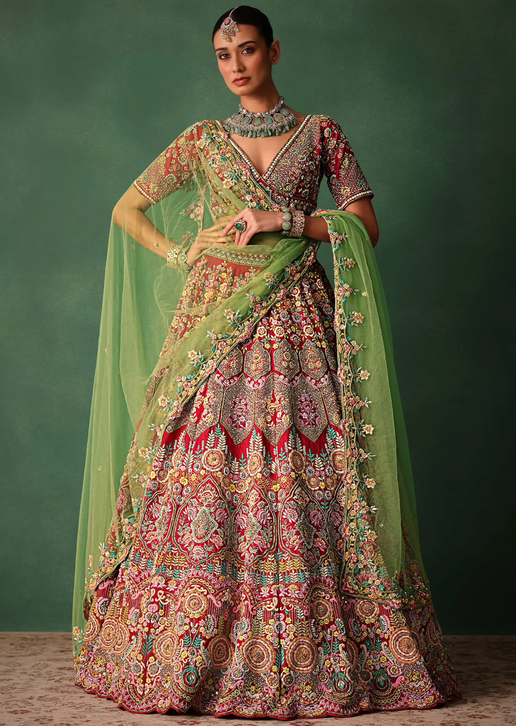 Hand Embroidered Multicolour Thread Work Red Bridal Lehenga Set With Dupatta