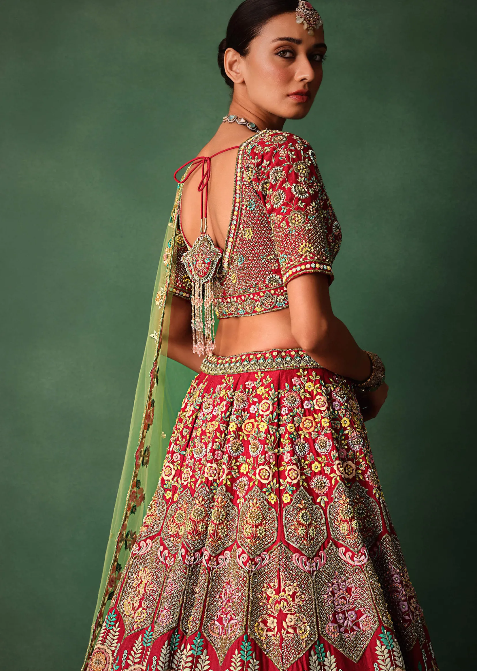 Hand Embroidered Multicolour Thread Work Red Bridal Lehenga Set With Dupatta