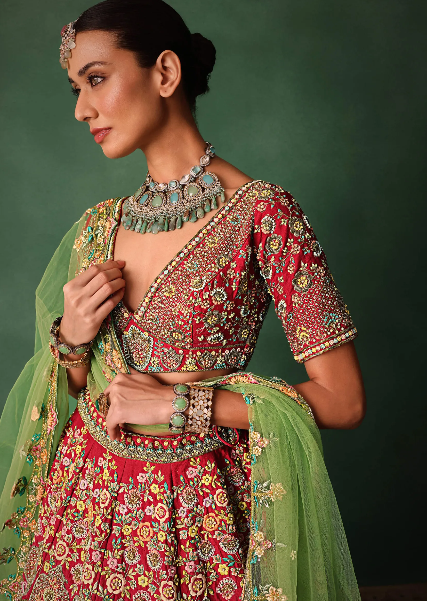 Hand Embroidered Multicolour Thread Work Red Bridal Lehenga Set With Dupatta