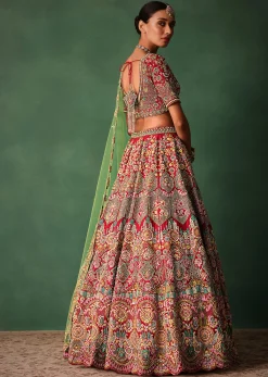 Hand Embroidered Multicolour Thread Work Red Bridal Lehenga Set With Dupatta