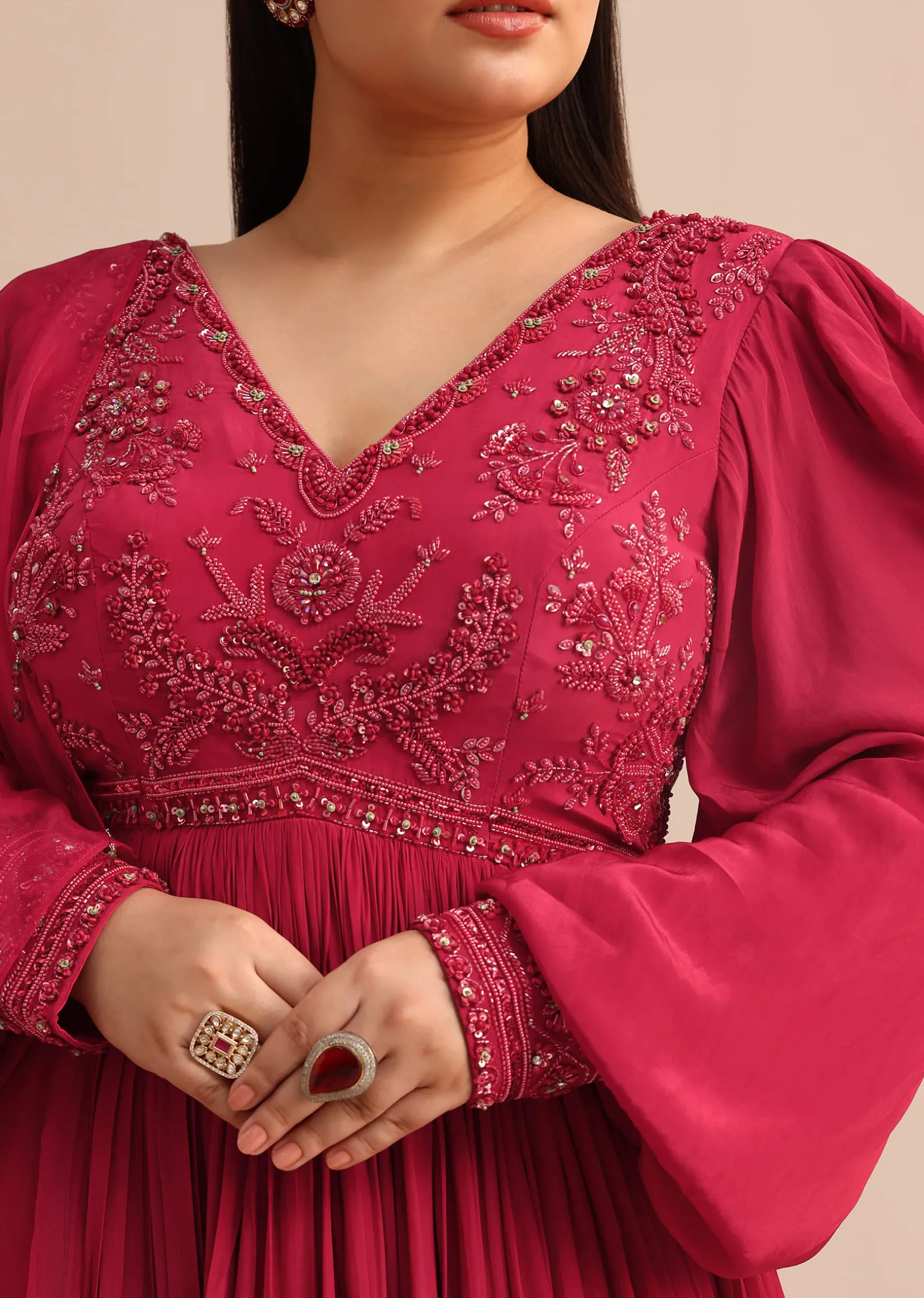 Hand Embroidery Red Anarkali Suit With Organza Dupatta