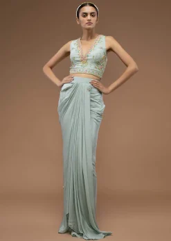 Harbor Grey-Green Mermaid Skirt And A Crop Top Set In 3D Cut Dana Motifs Embroidery, Paired With A Crop Top With A Plunging V Neckline