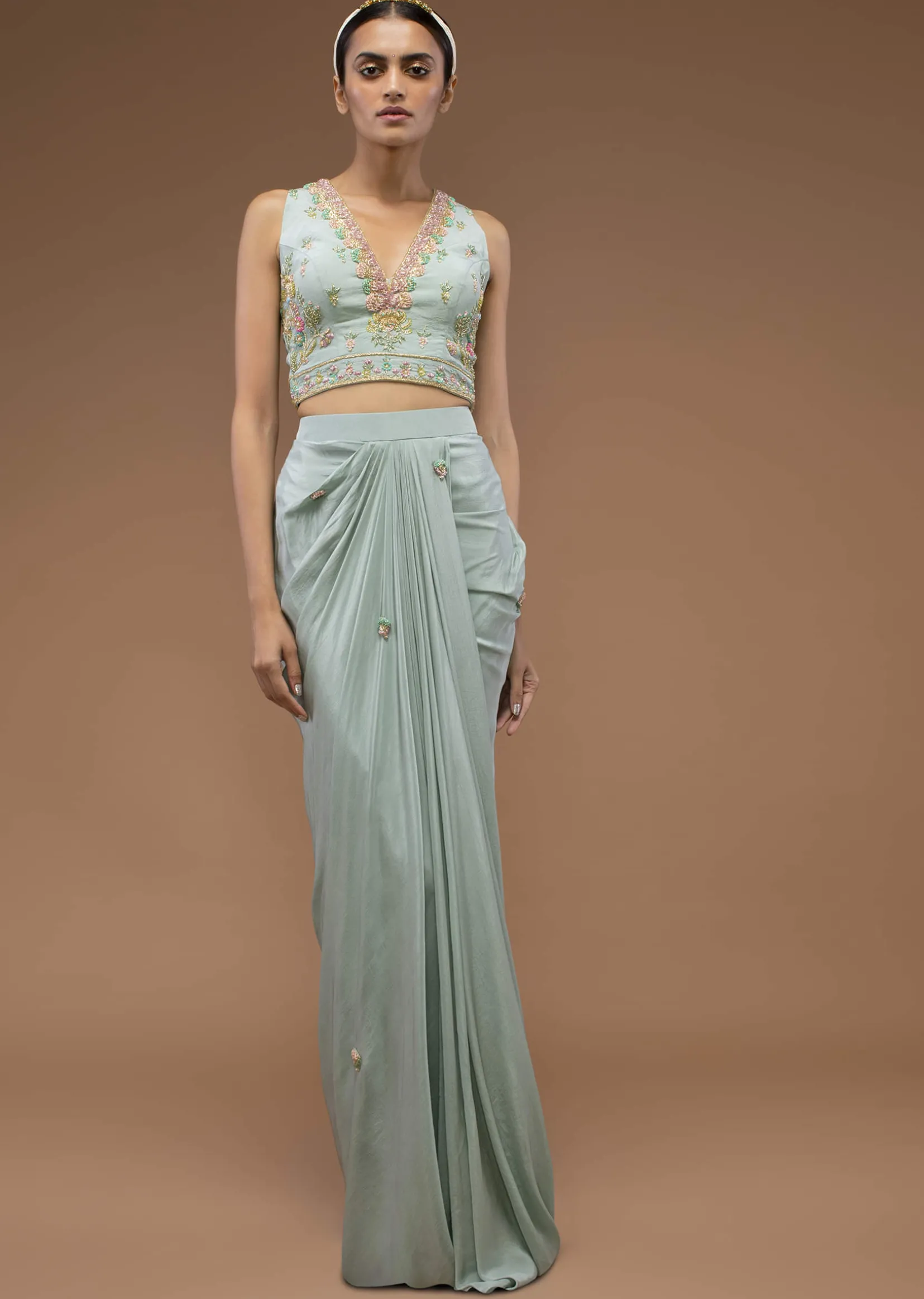 Harbor Grey-Green Mermaid Skirt And A Crop Top Set In 3D Cut Dana Motifs Embroidery, Paired With A Crop Top With A Plunging V Neckline