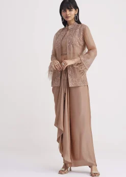 Hazelnut Beige Crop Top And Skirt With Embroidered Jacket