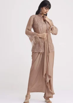 Hazelnut Beige Crop Top And Skirt With Embroidered Jacket