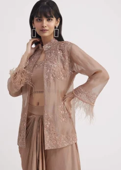 Hazelnut Beige Crop Top And Skirt With Embroidered Jacket
