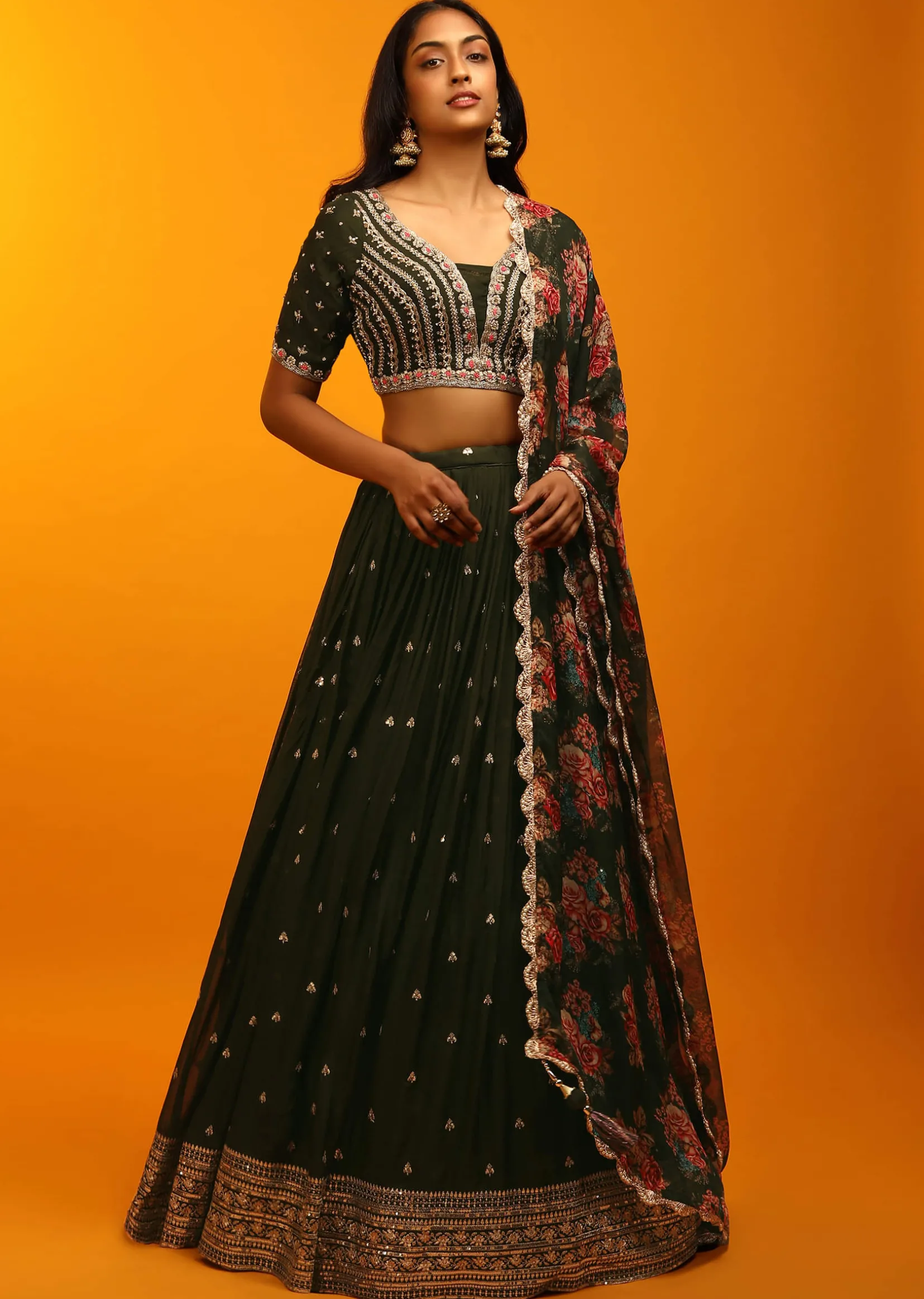 Henna Green Lehenga Choli With Zari Embroidery And Floral Printed Dupatta