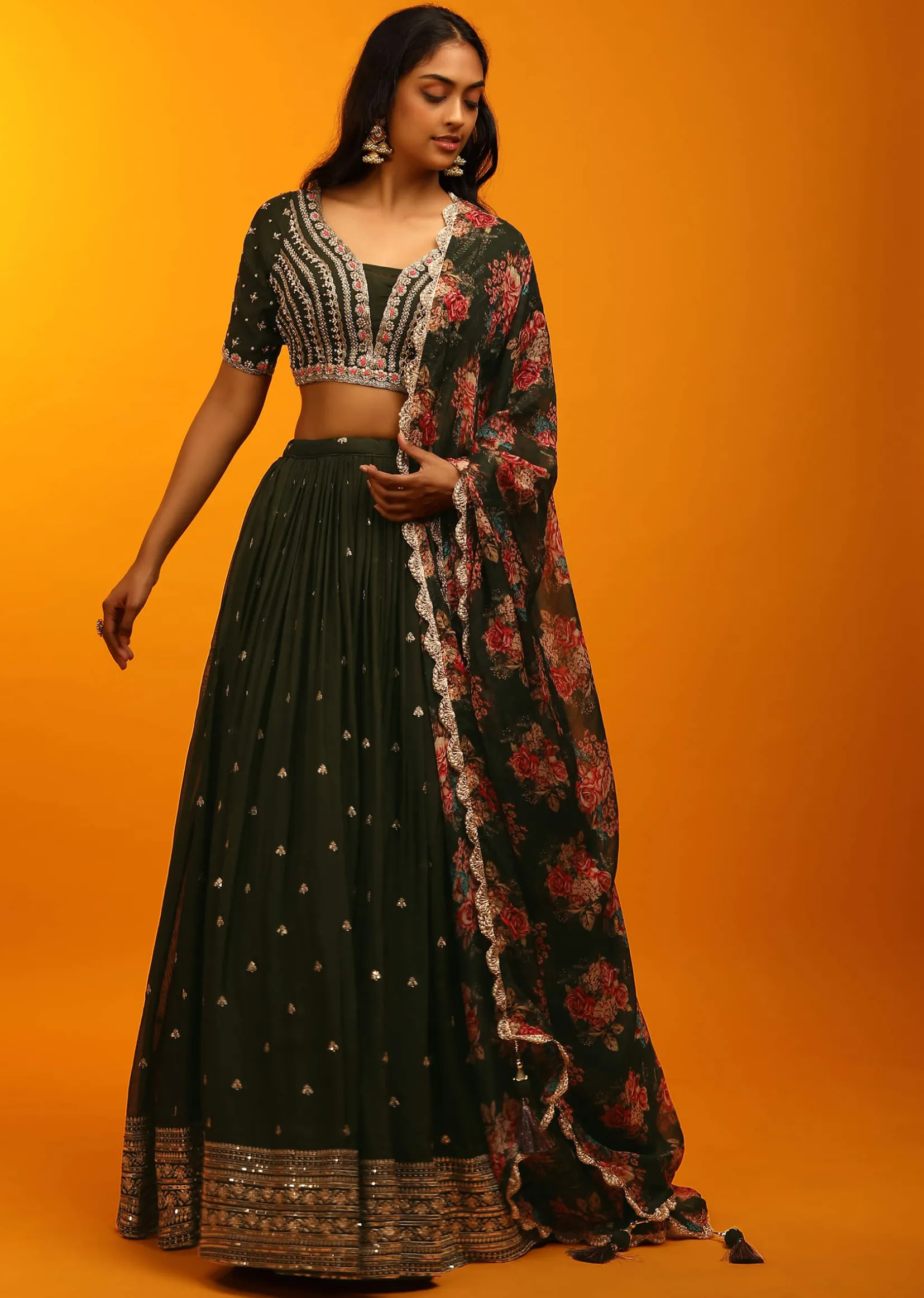 Henna Green Lehenga Choli With Zari Embroidery And Floral Printed Dupatta