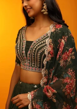 Henna Green Lehenga Choli With Zari Embroidery And Floral Printed Dupatta