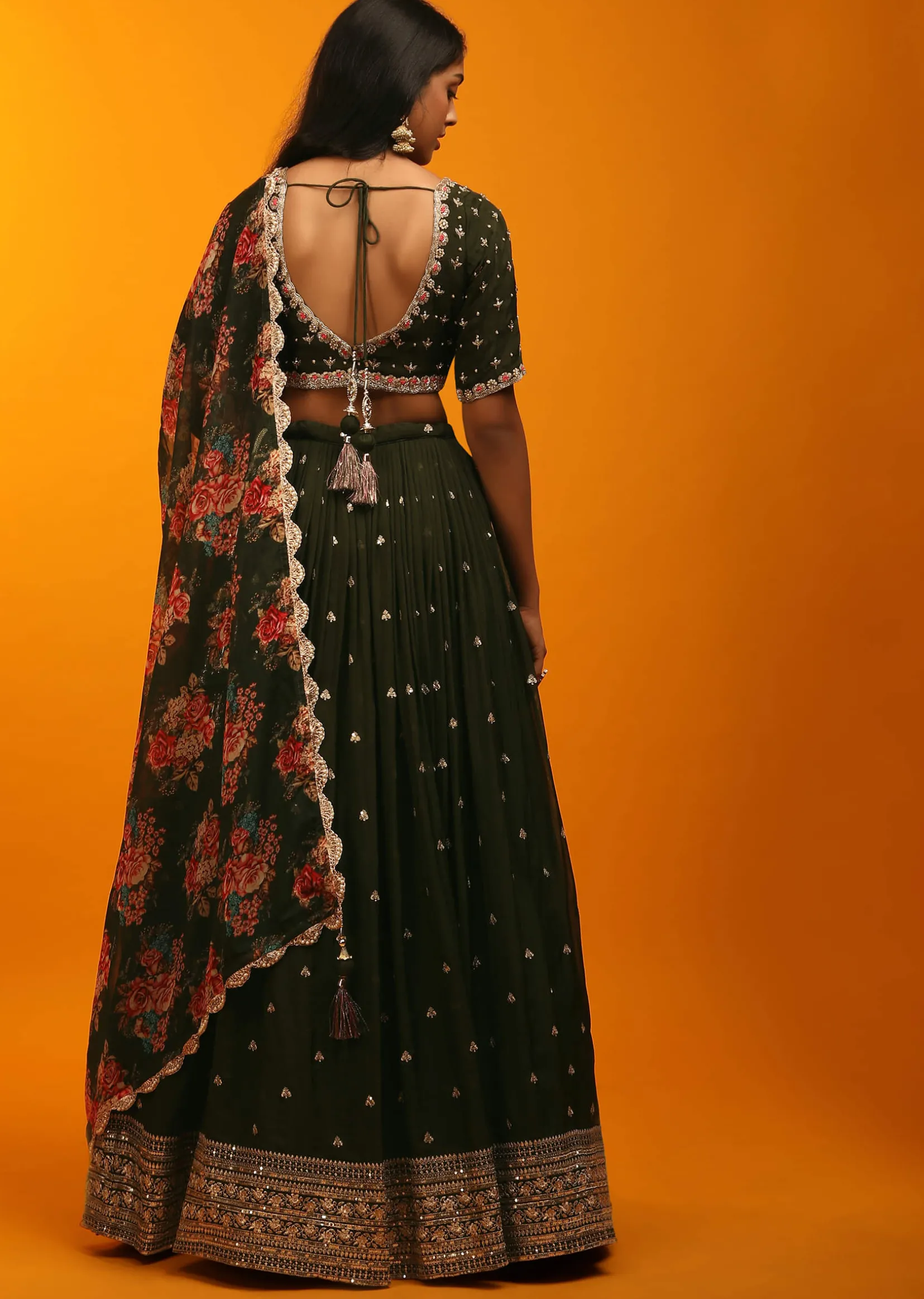 Henna Green Lehenga Choli With Zari Embroidery And Floral Printed Dupatta