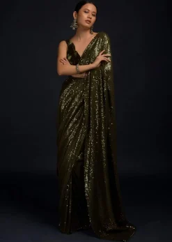 Henna Green Ready Pleated Saree Embellished In Sequins With A Matching Velvet Blouse With Plunging Neckline