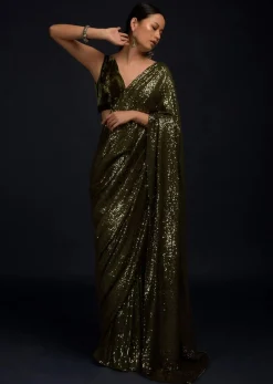 Henna Green Ready Pleated Saree Embellished In Sequins With A Matching Velvet Blouse With Plunging Neckline