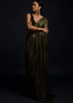 Henna Green Ready Pleated Saree Embellished In Sequins With A Matching Velvet Blouse With Plunging Neckline
