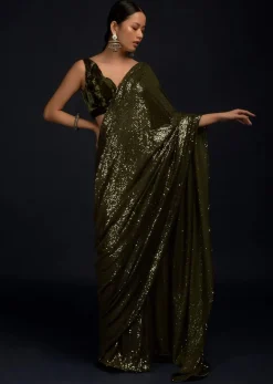 Henna Green Ready Pleated Saree Embellished In Sequins With A Matching Velvet Blouse With Plunging Neckline