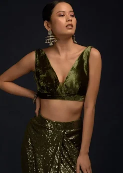 Henna Green Ready Pleated Saree Embellished In Sequins With A Matching Velvet Blouse With Plunging Neckline