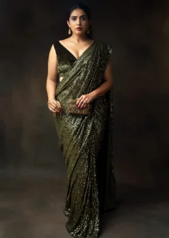 Henna Green Ready Pleated Saree Embellished In Sequins With A Matching Velvet Blouse With Plunging Neckline