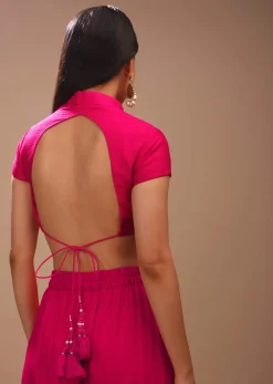 Hot Pink Blouse In Raw Silk With Mandarin Collar Neckline And Cap Sleeves