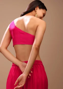 Hot Pink Blouse In Raw Silk With One Shoulder Neckline