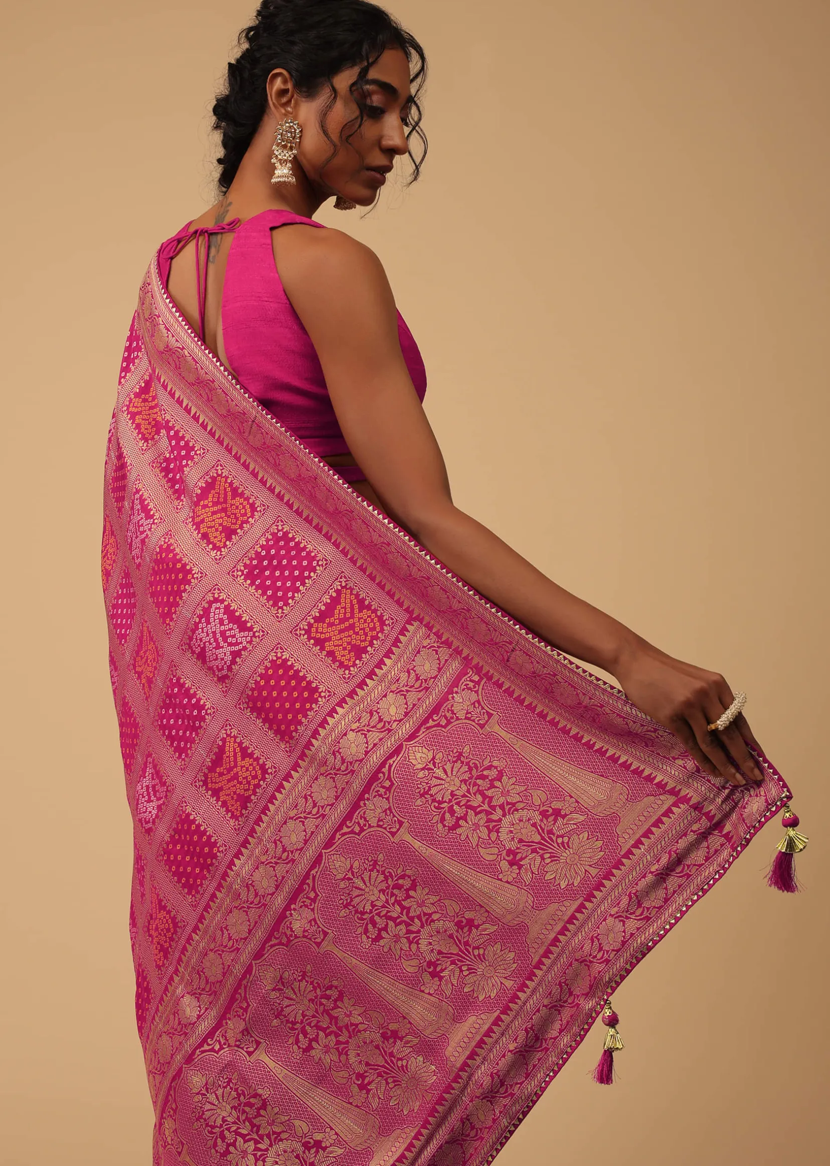 Hot Pink Dola Silk Banarasi Saree With Bandhani Waeve