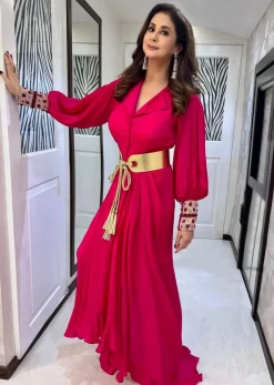 Hot Pink Dress With A Chunky Embroidered Bishop Sleeves And Collar Neckline