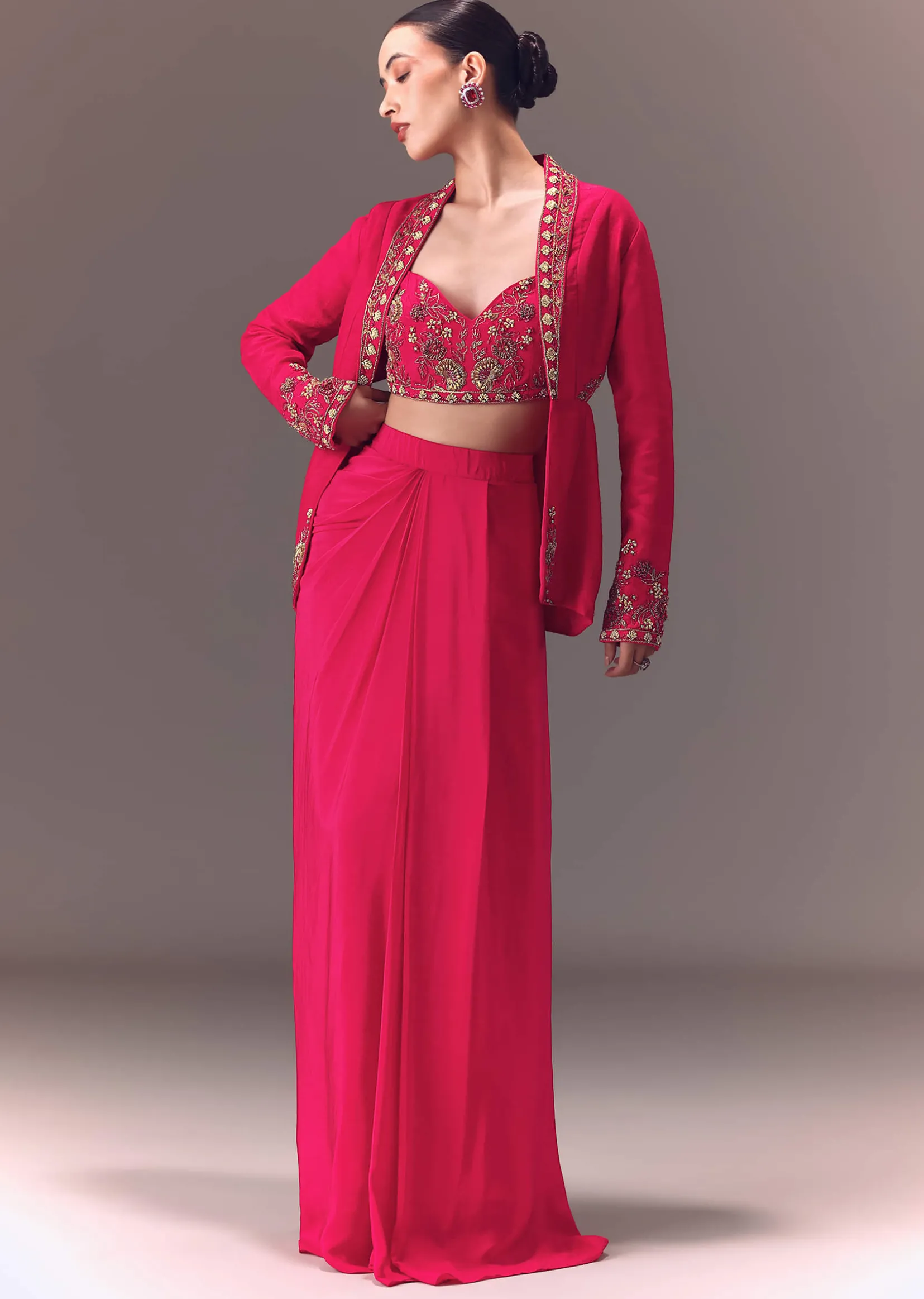 Hot Pink Hand Embellished Blouse With Jacket And Draped Skirt