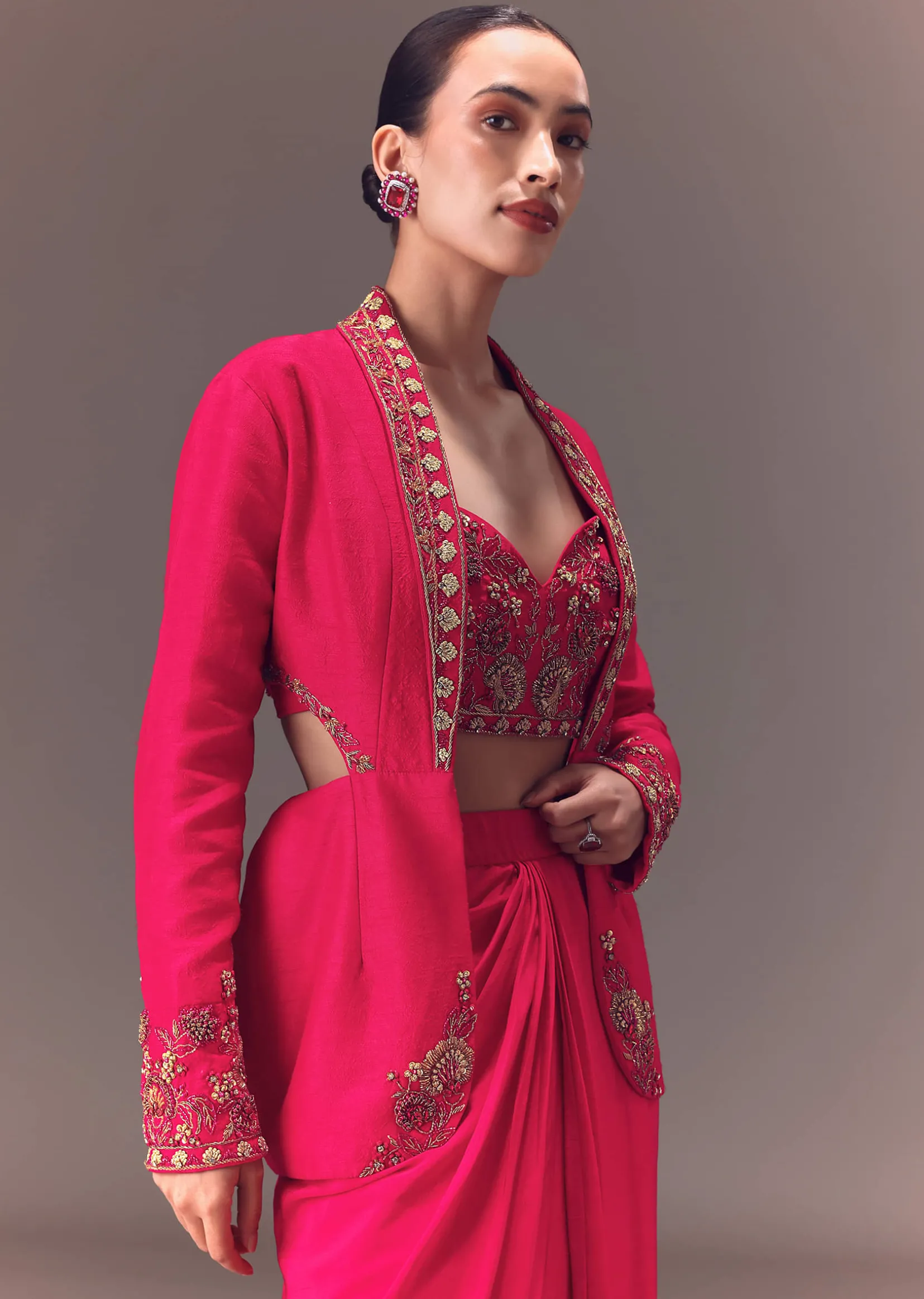 Hot Pink Hand Embellished Blouse With Jacket And Draped Skirt