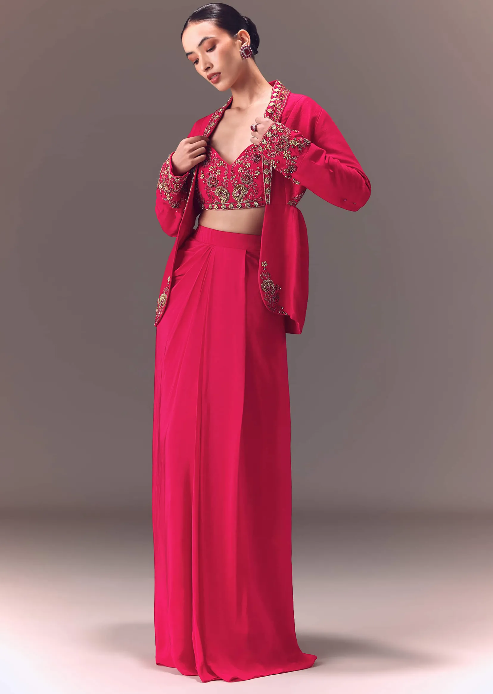 Hot Pink Hand Embellished Blouse With Jacket And Draped Skirt