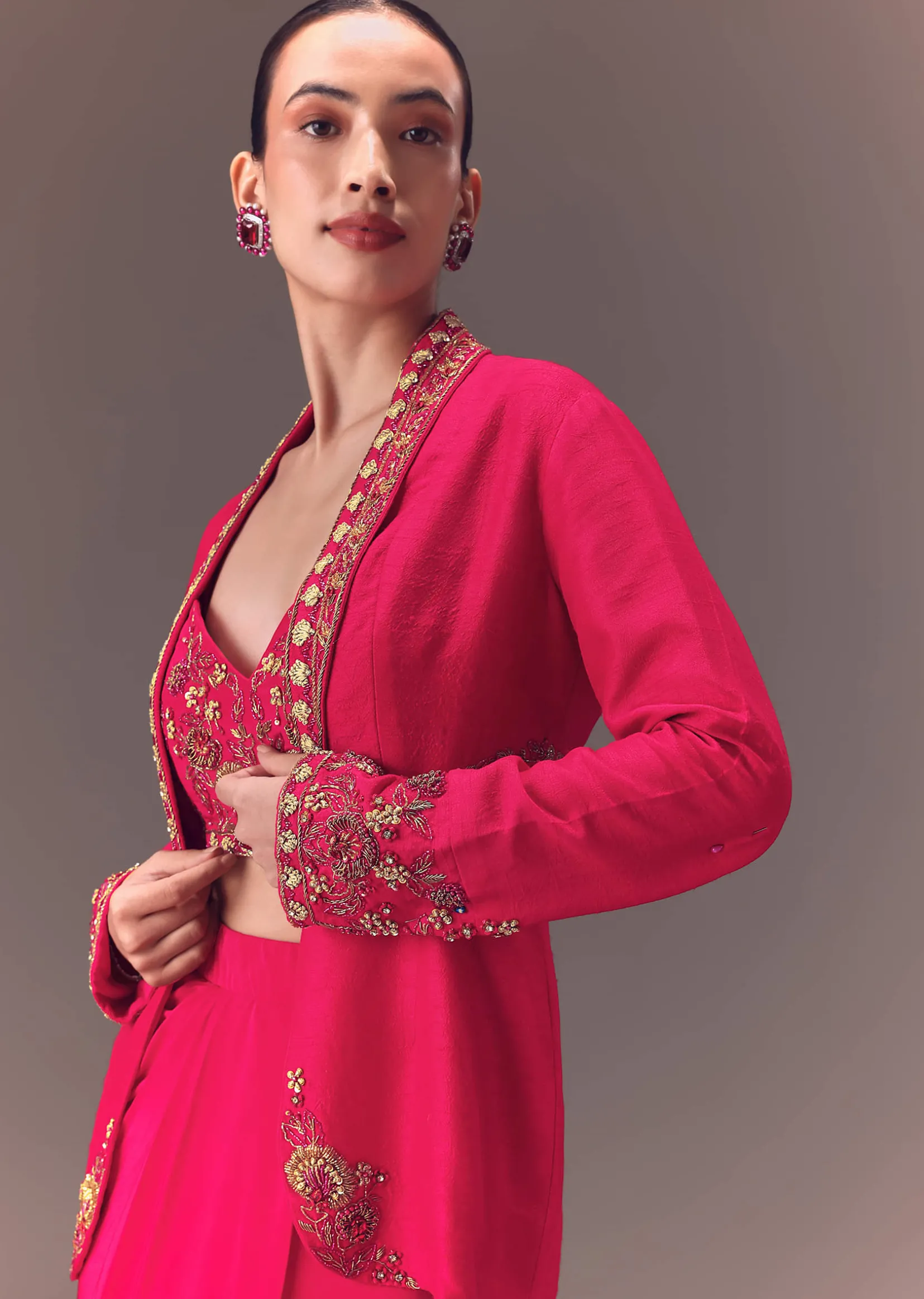 Hot Pink Hand Embellished Blouse With Jacket And Draped Skirt