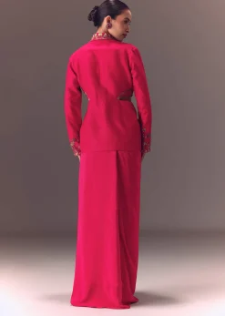 Hot Pink Hand Embellished Blouse With Jacket And Draped Skirt