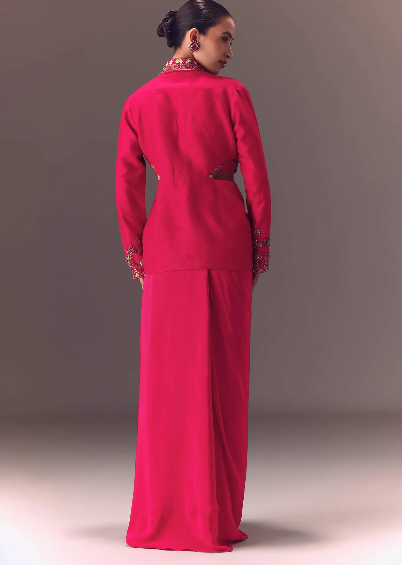 Hot Pink Hand Embellished Blouse With Jacket And Draped Skirt