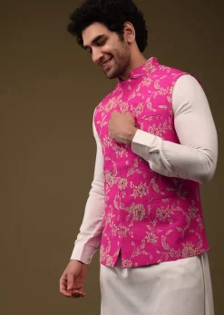 Hot Pink Jacket Kurta Set In Silk With Threadwork And High-Low Kurta
