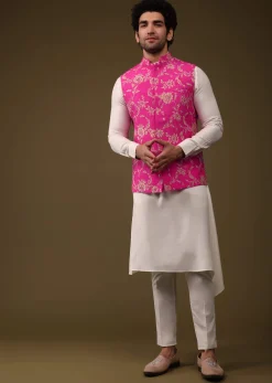 Hot Pink Jacket Kurta Set In Silk With Threadwork And High-Low Kurta