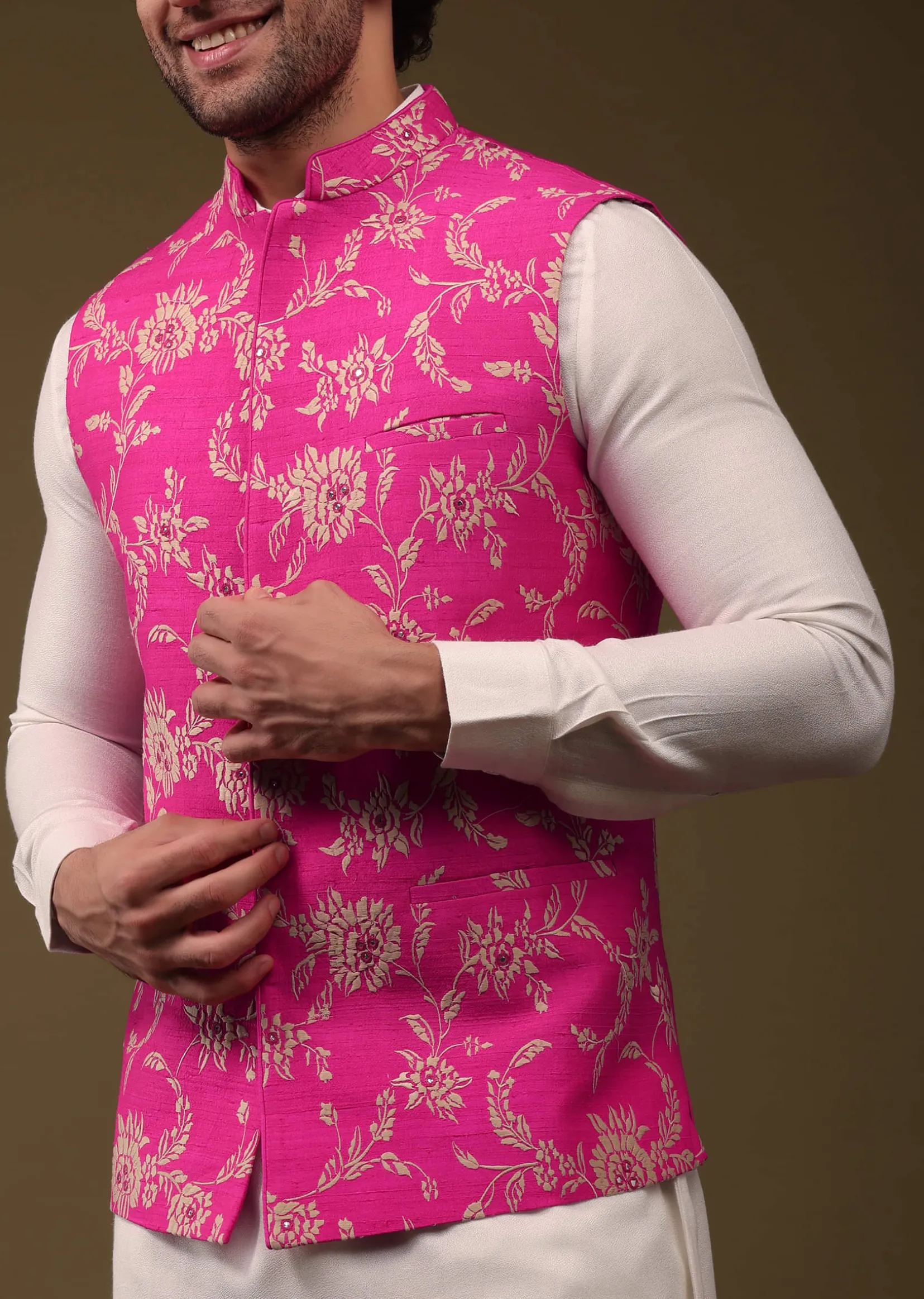 Hot Pink Jacket Kurta Set In Silk With Threadwork And High-Low Kurta