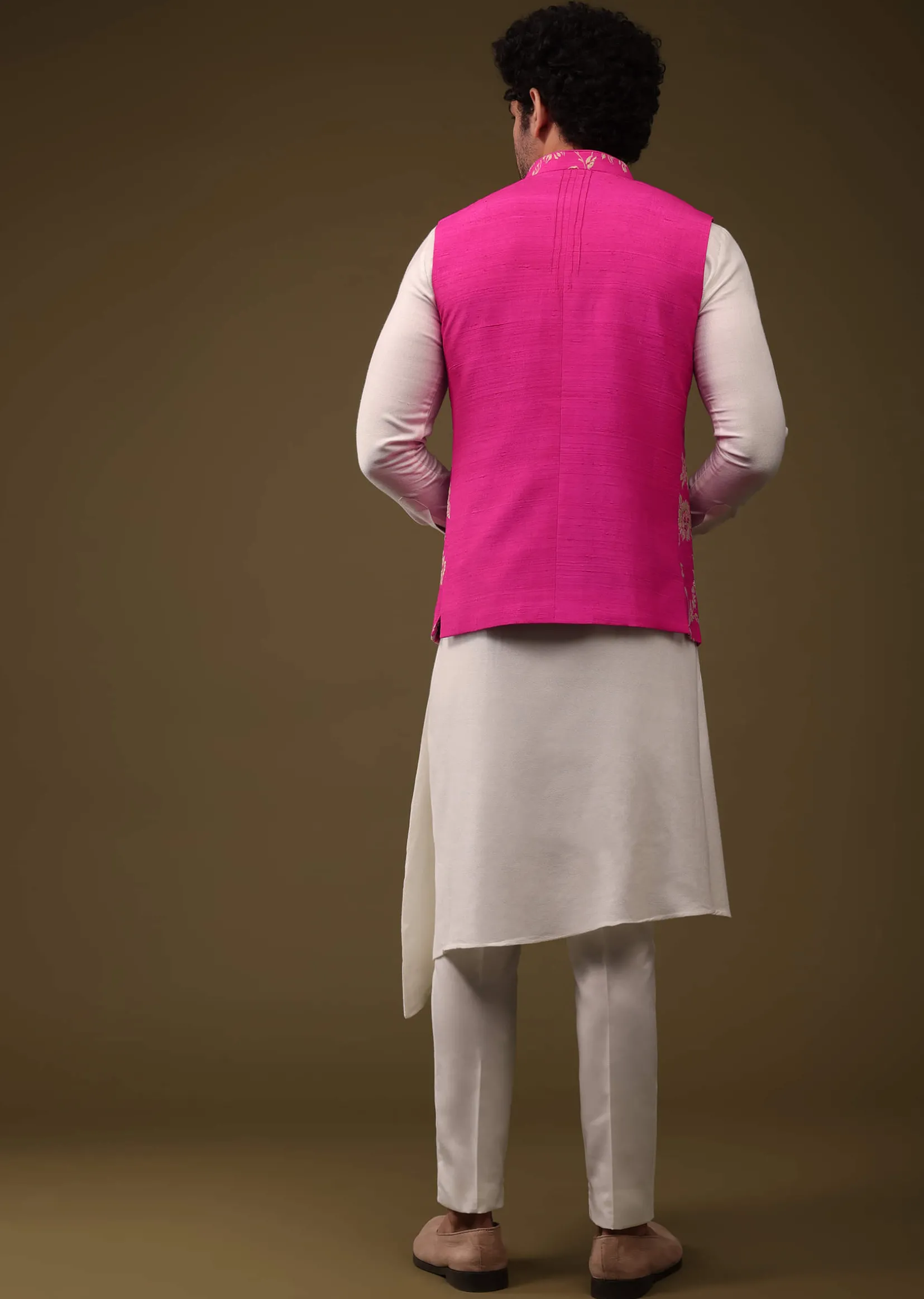 Hot Pink Jacket Kurta Set In Silk With Threadwork And High-Low Kurta