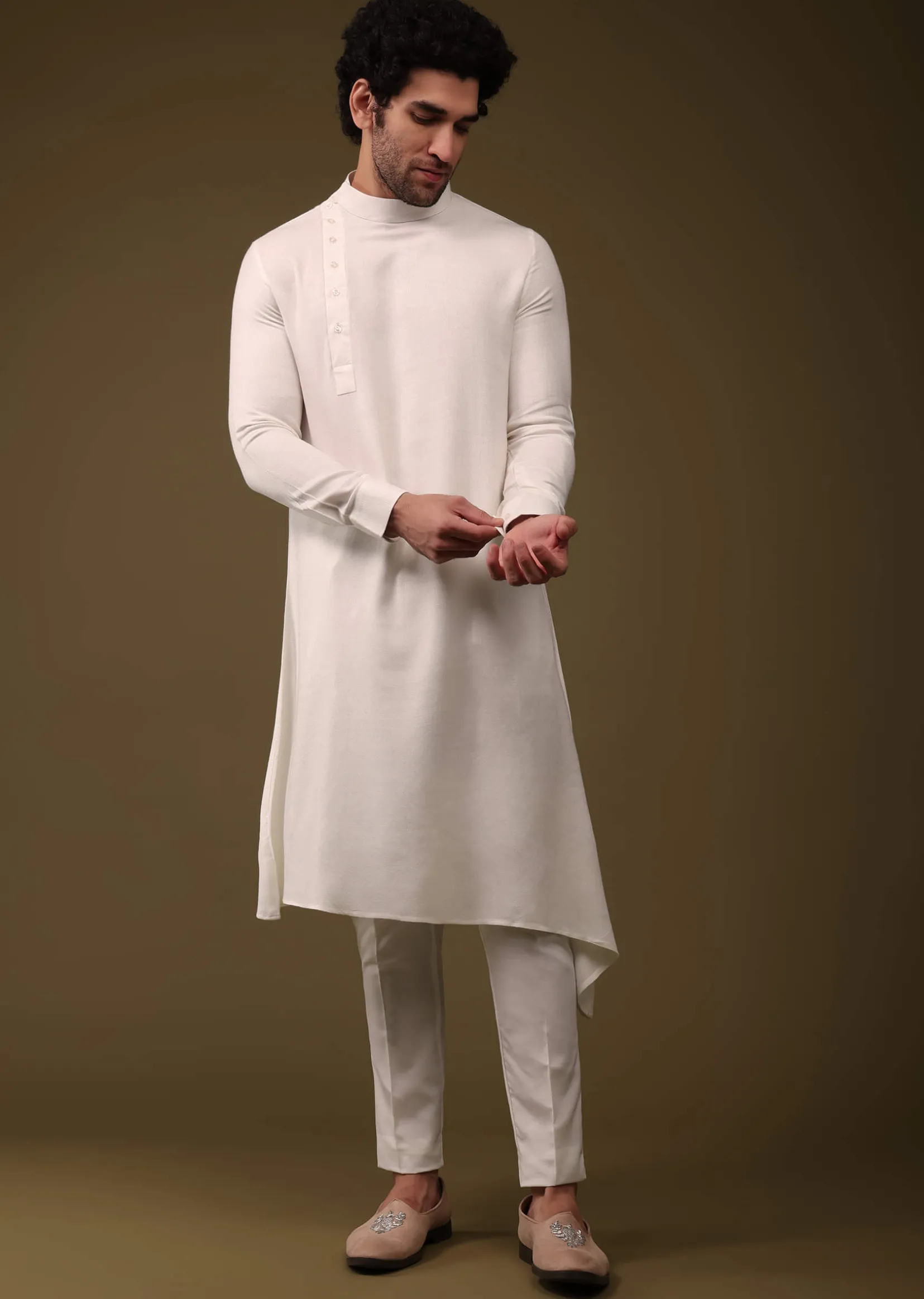 Hot Pink Jacket Kurta Set In Silk With Threadwork And High-Low Kurta