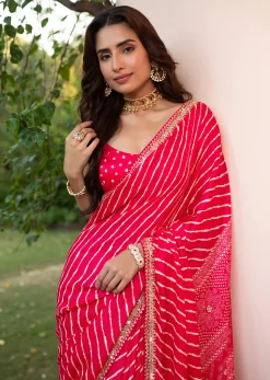 Hot Pink Lehariya Saree In Gota Patti Work With Unstitched Blouse
