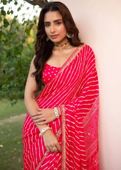 Hot Pink Lehariya Saree In Gota Patti Work With Unstitched Blouse