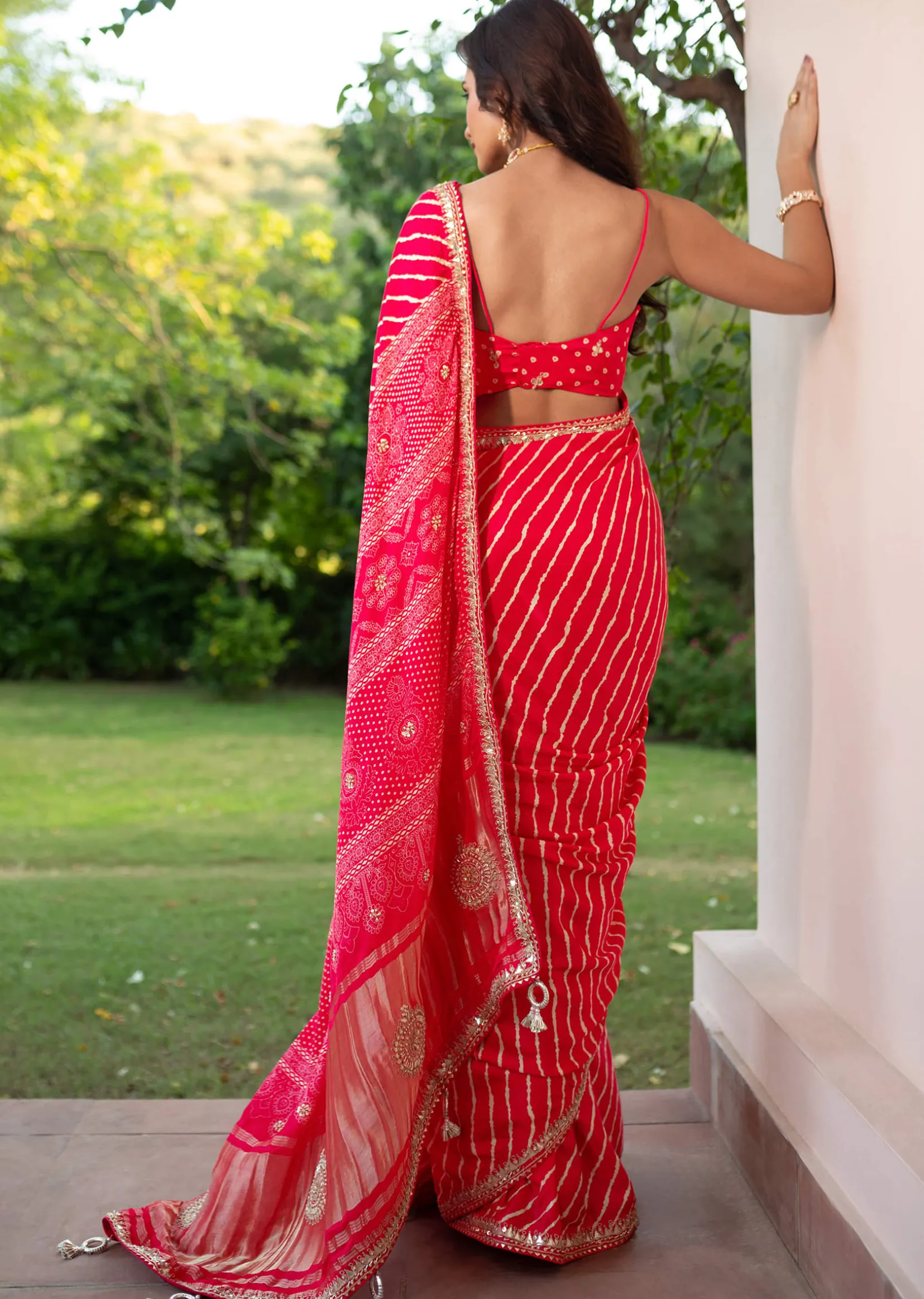 Hot Pink Lehariya Saree In Gota Patti Work With Unstitched Blouse
