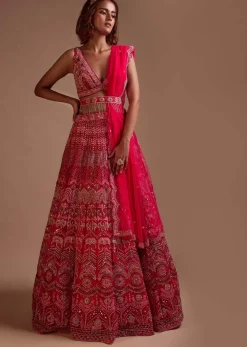 Hot Pink Lehenga Choli In Net With Mirror Work In Floral And Mughal Motifs Along With A Tassel Belt