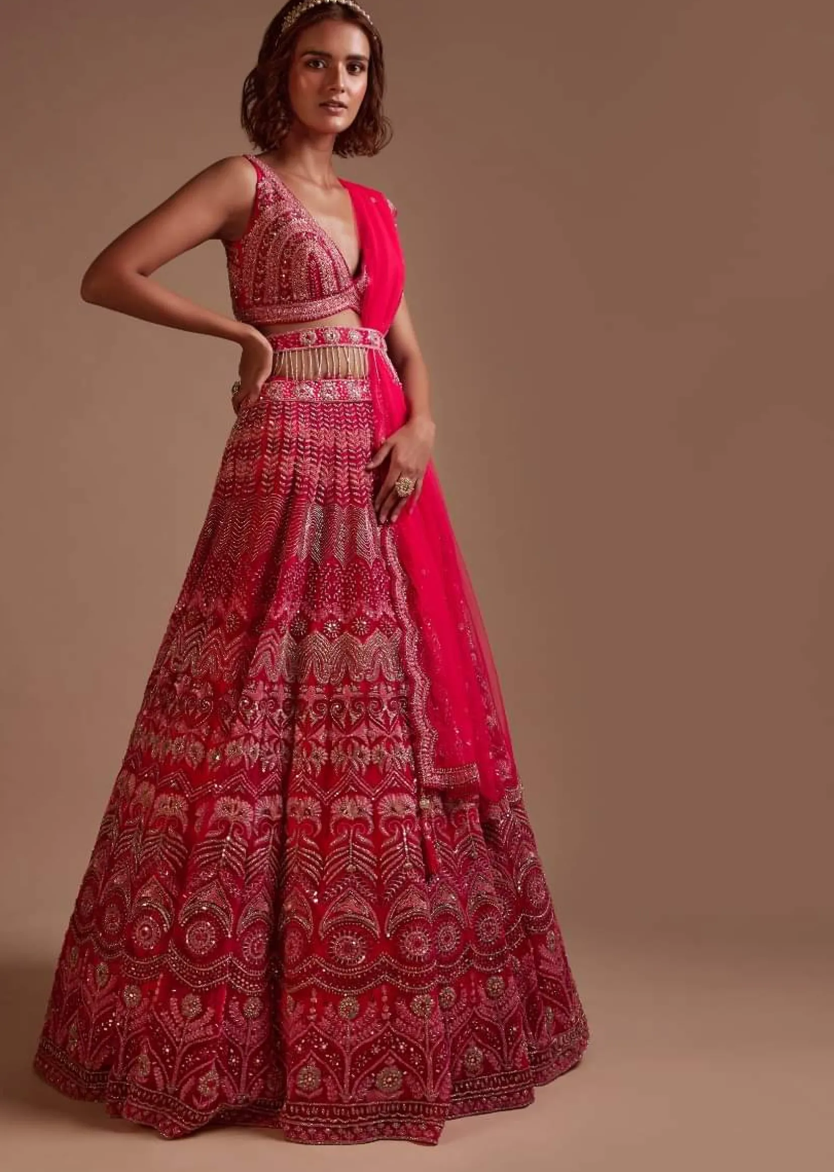 Hot Pink Lehenga Choli In Net With Mirror Work In Floral And Mughal Motifs Along With A Tassel Belt