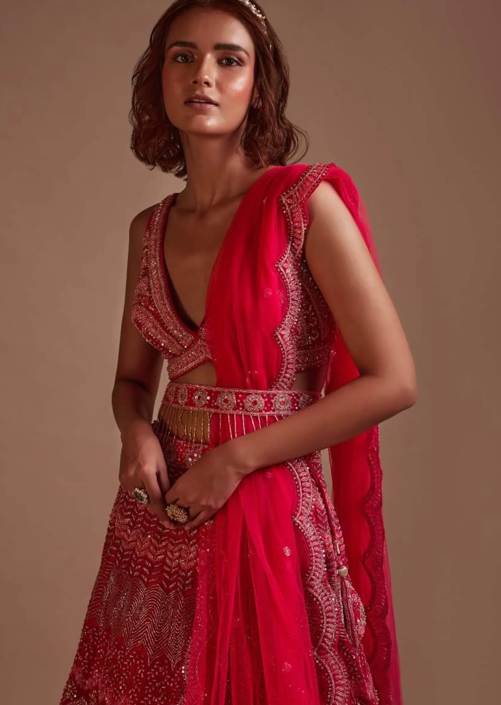 Hot Pink Lehenga Choli In Net With Mirror Work In Floral And Mughal Motifs Along With A Tassel Belt