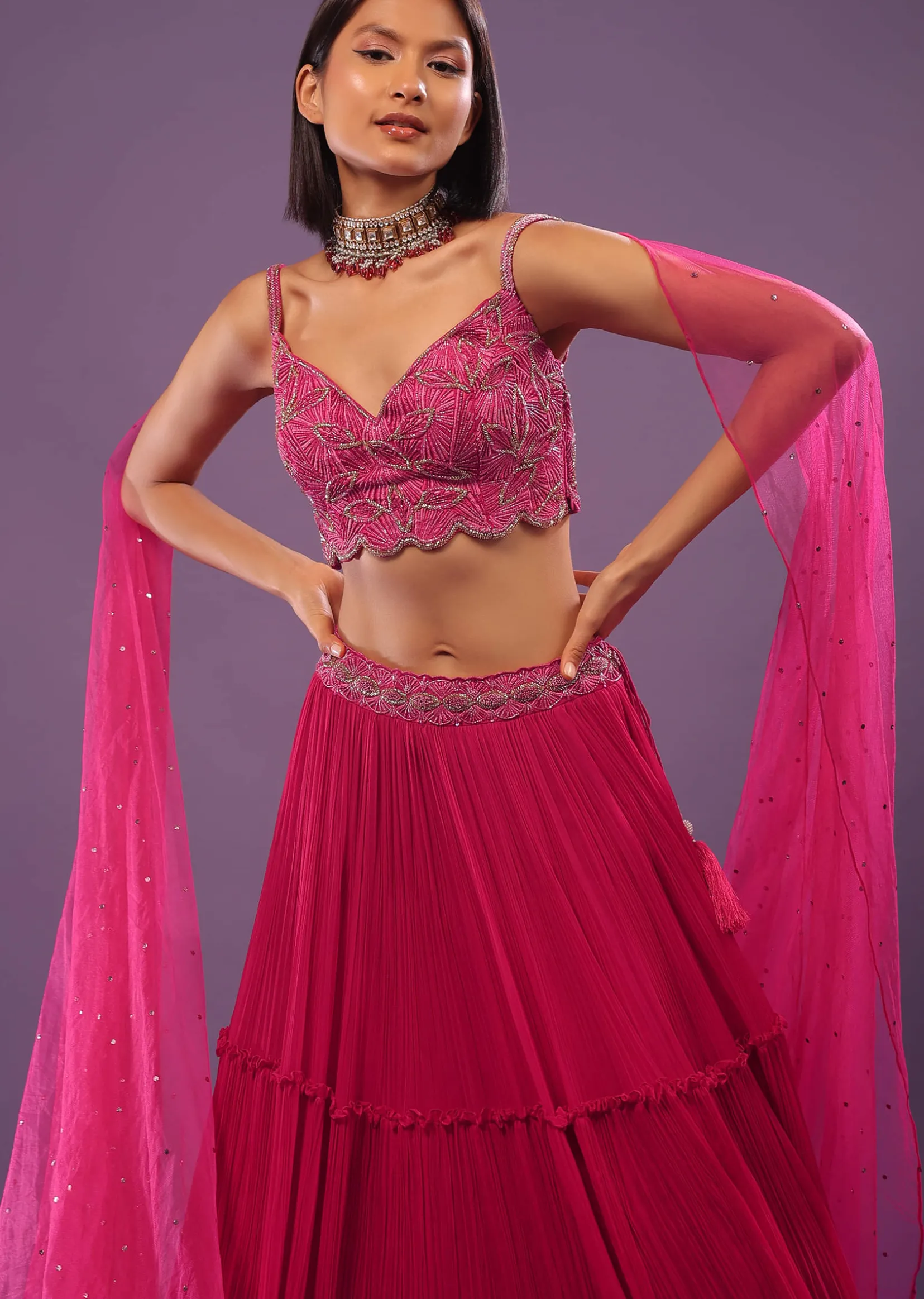 Hot Pink Lehenga Set In Viscose Georgette