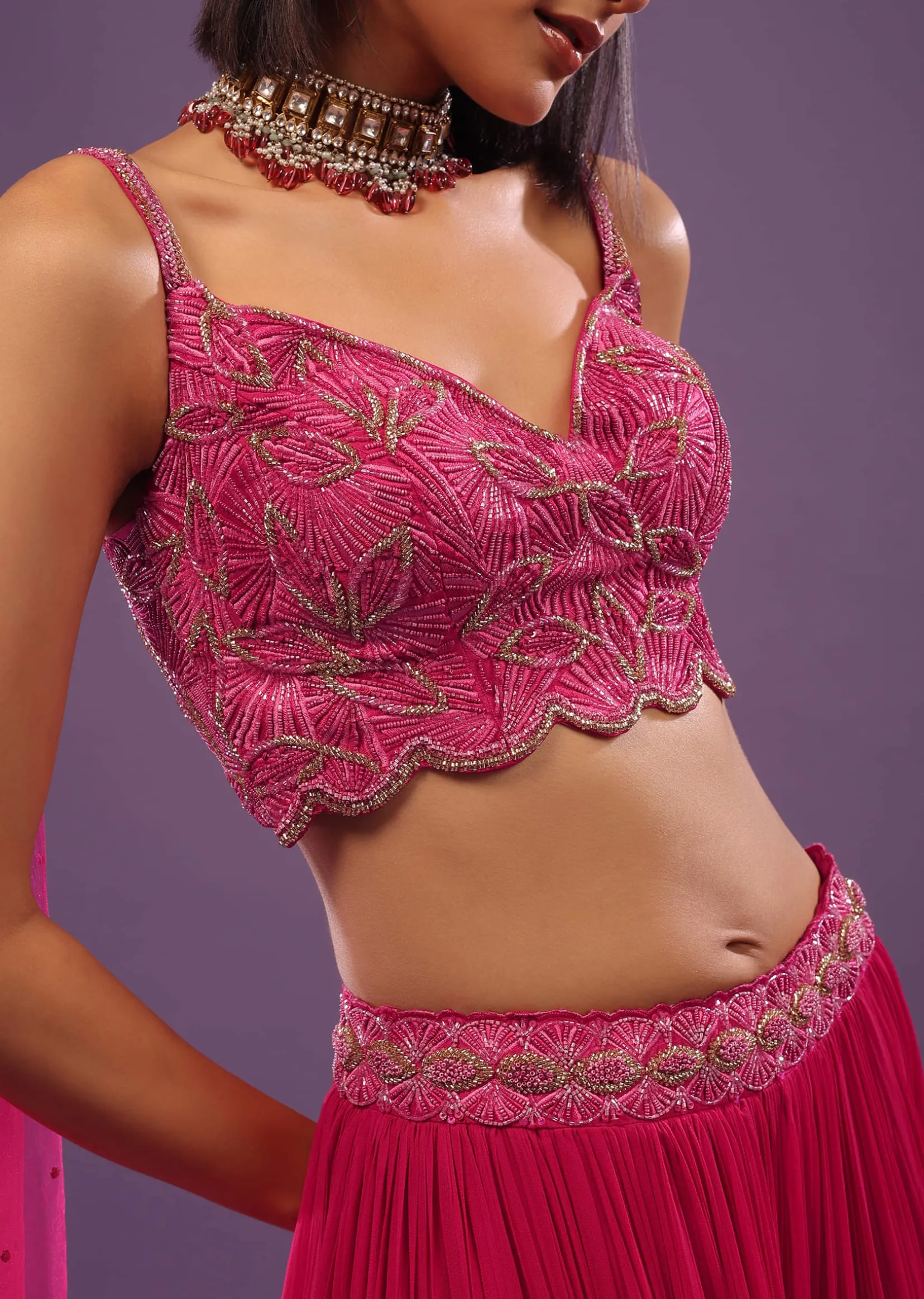 Hot Pink Lehenga Set In Viscose Georgette
