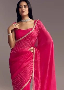 Hot Pink Organza Saree With Stone And Cut Dana Work