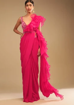 Hot Pink Readymade Saree In Crepe With Ruffle Frill On The Pallu And Beads Embroidered Crop Top And Belt