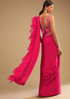 Hot Pink Readymade Saree In Crepe With Ruffle Frill On The Pallu And Beads Embroidered Crop Top And Belt