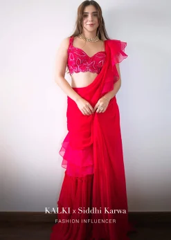Hot Pink Readymade Saree In Crepe With Ruffle Frill On The Pallu And Beads Embroidered Crop Top And Belt