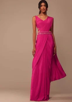 Hot Pink Readymade Saree With Embroidered Belt