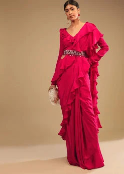 Hot Pink Saree With Ruffle Pallu, Stone Embellished Belt And A Ruffle Blouse With Side Cut Outs