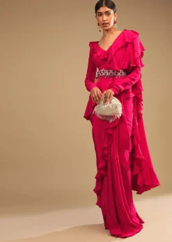 Hot Pink Saree With Ruffle Pallu, Stone Embellished Belt And A Ruffle Blouse With Side Cut Outs